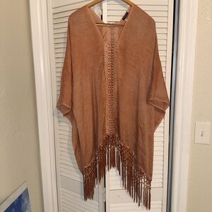 Earthbound Trading Company Rosé-toned Fringed Kaftan Tunic Top - L/XL